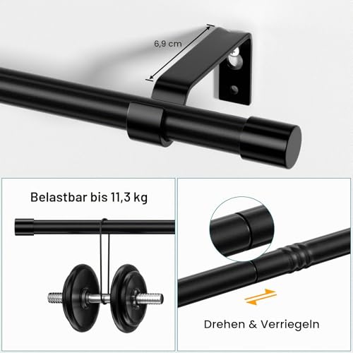Gardinenstange, 68 to 157 cm Gardinenstange Schwarz, Wandmontage Schwarze Matt Gardinenstangen Set, Metall 16mm Durchmesser Gardinenstangen 1.5m Lang