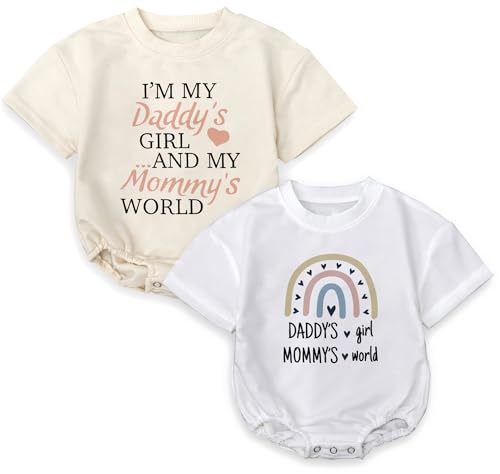 2Pcs Baby Girl Romper for Father’s Day, “Daddy’s Girl & Mommy’s World” Outfit, Bodysuit Short Sleeve Infant for 0-24 Months