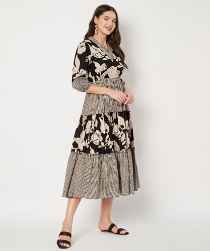 Image of PIDAVLIYA'S Women's Floral Summer Maxi Dress I Cotton Printed I One Piece Bodycon Midi Dress with V-Neck, Puffed Sleeves