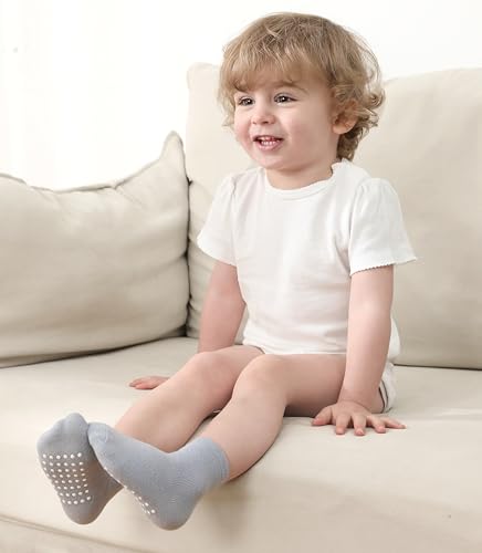 Image of JAKIDAR 12 Pack Baby Socks Cotton Crew Toddler Socks Grips Non Slip Bottom Kids Socks