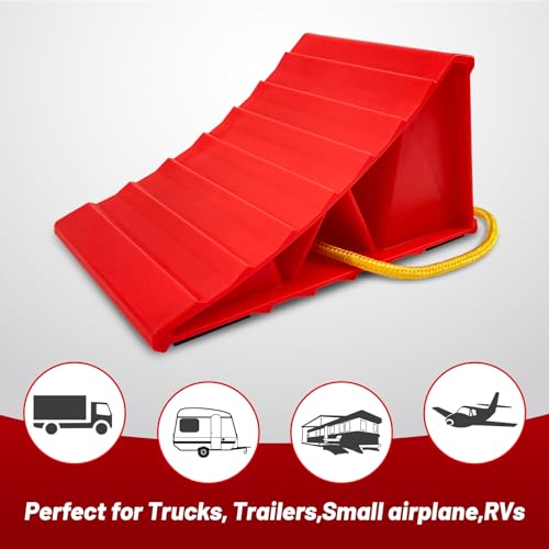 Image of HOXWELL 2 Pair Wheel Chocks for Travel Trailers, Non Slip Heavy Duty Red Wheel Chock with Rope, Lightweight Wheel Stoppers for Cars Campers Trucks RVs, Easy to Carry & Suitable for Most Tyre Sizes