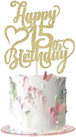AROKIPPRY Gold Glitter Happy 15th Birthday Cake Topper - 15 Anniversary/Birthday - Hello 15, Cheers to 15 Years,15 & Fabulous Cake Topper Party Decoration (15th)