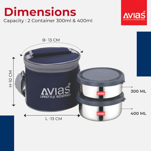 Image of AVIAS Freshia Stainless Steel Lunch Box /Horizontal Tiffin Box / 4 Containers /Round Tiffin Box /Light-Weight Boxes /Air-Tight Lids /Horizontal Lunch Box for Office / 200ml, 200ml, 300ml, 300ml