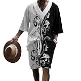 [Anmurye] ジャージ上下セット メンズ プリント模様 夏服 半袖 Tシャツカットソー+ショートパンツ カジュアル Vネック ビッグサイズ 快適 ウエスト 調整可能 無地 通気 上下スウェット ブラック半袖（生花）-3XL