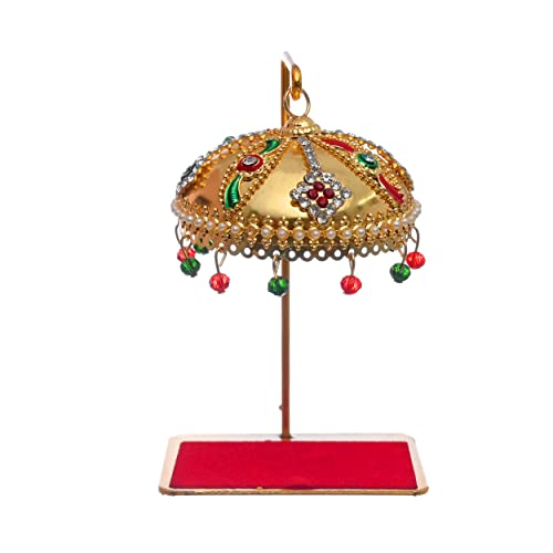 Image of Metal Chhatra Umbrella with Hanging Crystals - Decorative Chatri Aasan for God Idol, Car Dashboard, Home Temple, Office Desk, Or Table Decor (M 11)