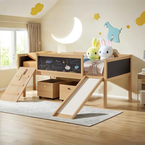 Bellemave Twin Loft Bed, Low Loft Bed Frame with Slide, 2 Storage Boxes, Climbing Ladder, Wood Loft Beds with Chalk Board for Kids, Boys, Girls, Noise Reduced Structure, Natrual