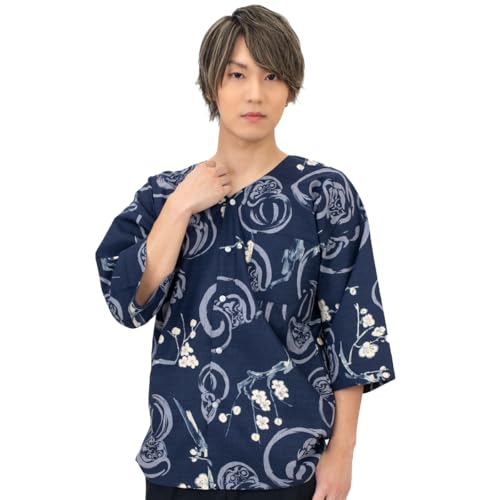 [あい藍] 鯉口シャツ 柄 男女兼用 綿100% 日本製 (JP, アルファベット, ダルマ S（ネイビー×グレー）)のサムネイル