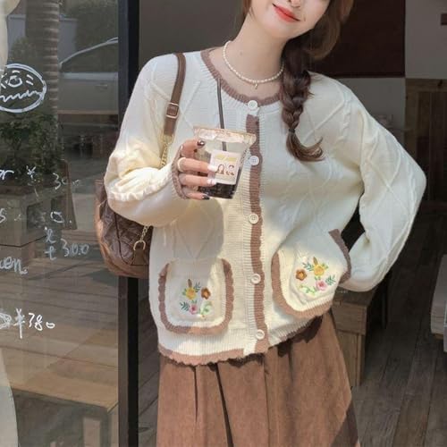 Chevara Women’s Floral Embroidered Knit Cardigan Crew Neck Long Sleeve Trendy Sweater Cardigan with Pocket2