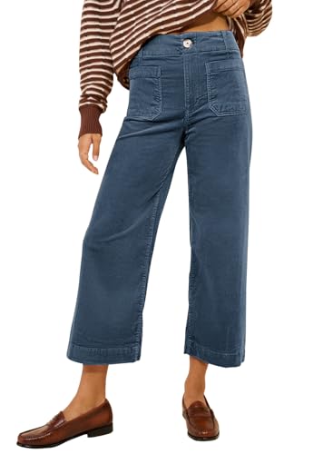 miduo Womens Winter Button High Waisted Capris Crop Pants Straight Leg Wide Leg Corduroy Pants with Pockets Cropped Pant Trousers Blue 28