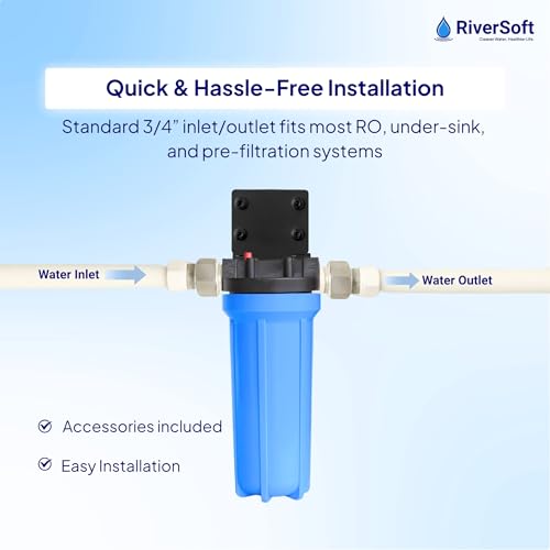 Image of RiverSoft Prefilter Assembly Granular with Activated Carbon (GAC) Filter with Housing - Reduces Chlorine, Odors. (3 /4 inch Inlet /Outlet, Blue, PP)