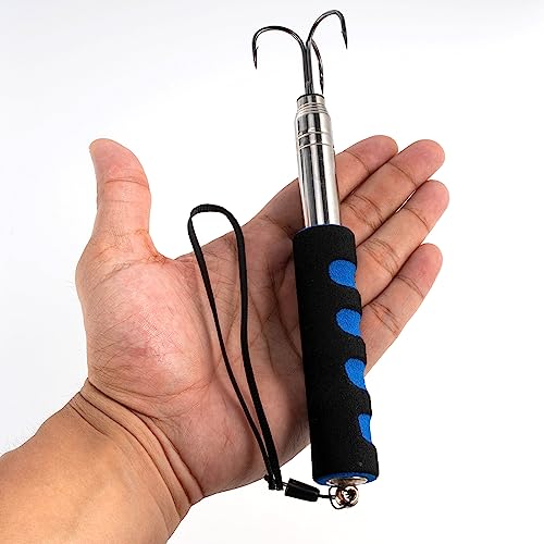 Alwonder Telescopic Fishing Gaff, Stainless Steel Triple Hook Ice Fishing Spear, Aluminium Alloy Telescoping Pole with Hook, Fish Gaff with EVA Handle for Freshwater Boat Catching Size M