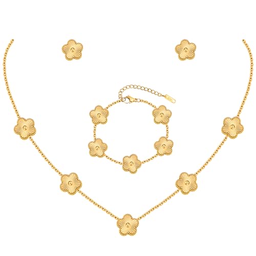 TempBeau Kleeblatt Armband Damen Schmuckset Mädchen, 18 K Vergoldet Edelstahl Halskette Ohrstecker Armband mit Zweiseitig Anhänger, Glücksklee Schmuck Set für Hochzeit Geburtstag Jahrestag (Gold)