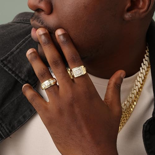 Men's Wedding Band Ring with Lab Created Moissanite & Lab Grown Diamond Cluster Nugget Style Ring in 14K Gold Plated 925 Sterling Silver Jewelry Gift for Him4