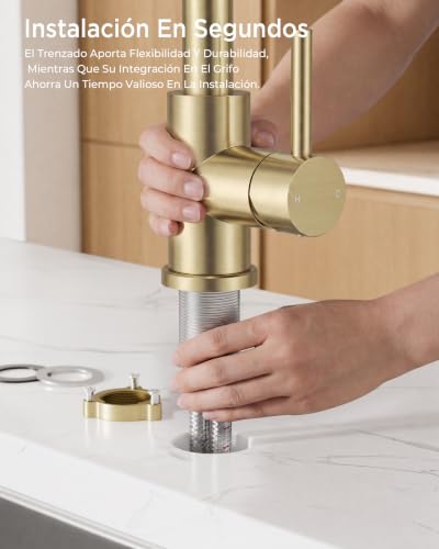 Miniatura 8 de Forious Grifo Cocina Extraible, Grifo De Cocina Fregadero Con 2 Modos Giratorio A 360 , Torneira Cozinha, Agua Frío Y Calor Disponibles, Oro Cepillado