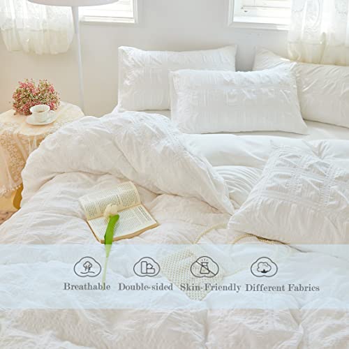 Beyeutao Seersucker Duvet Cover Queen Size, Basics Pleated Textured Microfiber Duvet Cover Set - Queen, White,3 Pieces (1 Duvet Cover + 2 Pillow Cases), With Zipper Closure & Corner Ties. #TOP1