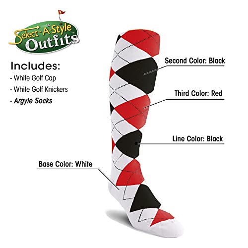 Mens Select A Style White Outfit with Matching Golf Cap and Selected Argyle Socks - Waist 34 - Sock - White/Black/Red4