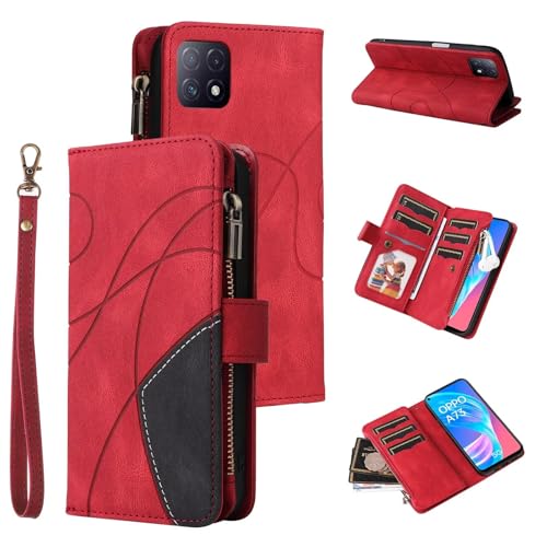 Funda para OPPO A72/A73 5G/A92S/Reno4 Z, Estilo Retro, con Cremallera, Piel sintética, Suave, Cierre magnético, 9 Tarjetero, función Atril, Cartera con Correa, Rojo