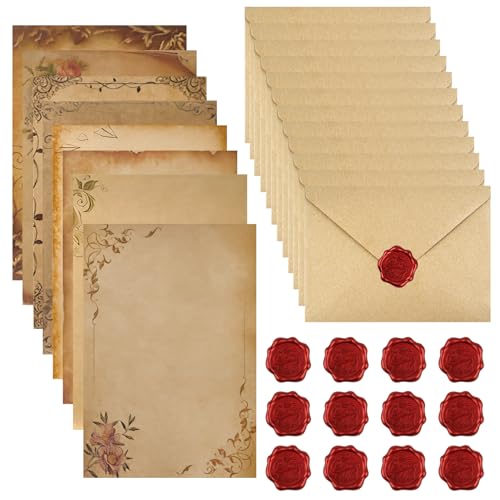Vintage Briefpapier mit Umschlag, Set Vintage Schreiben mit 16 Vintage-papier Briefumschläge,16 Kraftpapier Briefpapier und 16 Wachssiegel Aufkleber, für Love Letter, Hochzeit, Geburtstag