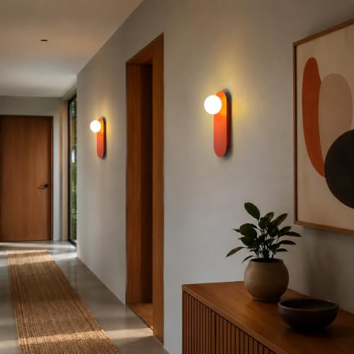 Image of Orange Glass Globe Wall Sconce,12 Inch,Suit for Bedroom Hallway | Frosted Sphere Lampshade, for Hallway and Bedside,Soft Warm Glow,MCM Style,Decorative Lighting,Hardwired Mount Design