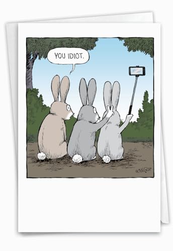 NobleWorks - 1 Humor Birthday Card with Envelope - Funny Cartoons for Birthday Greetings, Celebration Notecard - Bunny Selfies C2750BDG