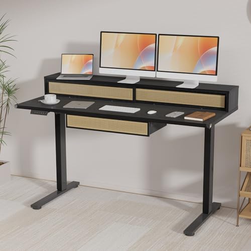 SANODESK Adjustable Standing Desk with Drawers, 55x24inch Black