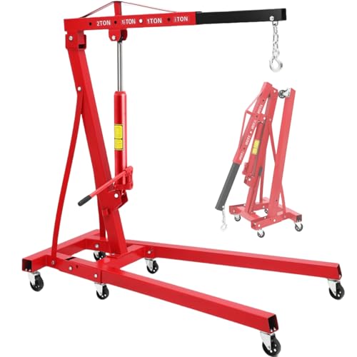 Hydraulic Engine Hoist 2-Ton Folding Portable Shop Crane Lift 4400 Lbs Capacity with Telescopic Boom and 6 Casters Foldable Mobile Cherry Picker for Garage Workshop Warehouse Red Heavy-Duty