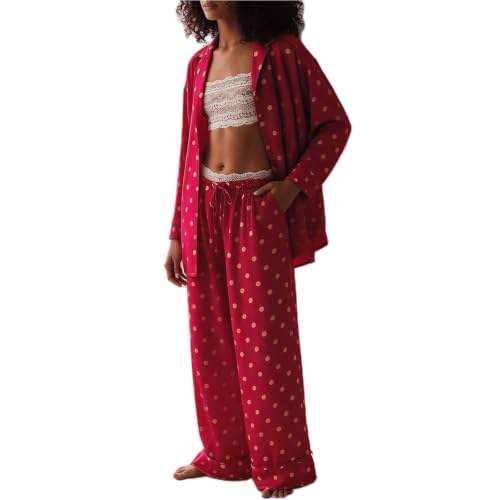 Image of Women Satin Pajama Sets Floral Silk Pajamas Pj Set | 2 Piece Lounge Sets, Button Down Long Sleeve Shirts and Wide Leg Pants Pjs Set, Christmas Holiday Valentine's Day Sleepwear