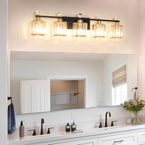 Image of 5 Light Black and Gold Vanity Light, Modern Crystal Bathroom Vanity Lighting Fixtures, Bath Wall Mount Lights with Clear Crystal Glass Shade, Wall Sconce Light for Mirror Bedroom Living Room, E26 Base