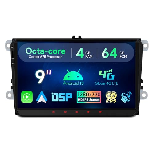 XTRONS Double Din 4+64GB Car Stereo Bluetooth for Volkswagen SEAT SKODA Caddy Polo Golf mk Passat, 9 inch Android 13 Car Radio Player, 4G DSP WIFI GPS Car Play, Octa-Core Head Unit, Optional DAB+