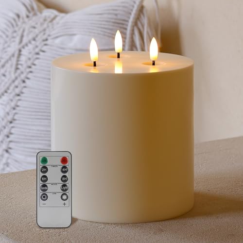 AFINETH Large Outdoor Candles with Remote Waterproof 6"x6" Flickering Flameless Candles with 3 Wicks Plastic Big Battery Operated Candle for Indoor Outdoor Use, Ivory