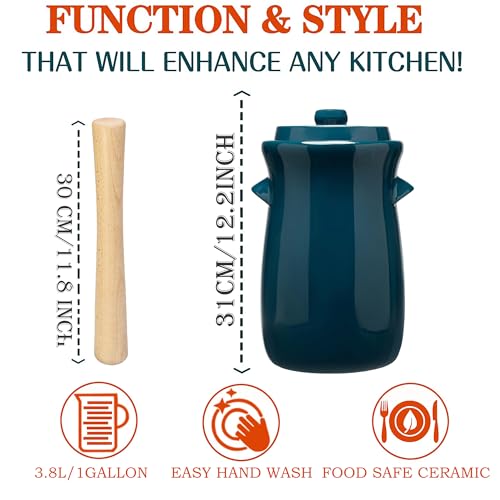 HFOXGO Fermentation Crock 3.8Liter/1 Gallon Stoneware Pot for Fermenting, Pickling Kimchi, Pickles, Vegetables, Kombucha - Glazed Fermenter with Stone Weights, Lid & Pickle Tamper-Blue Crock