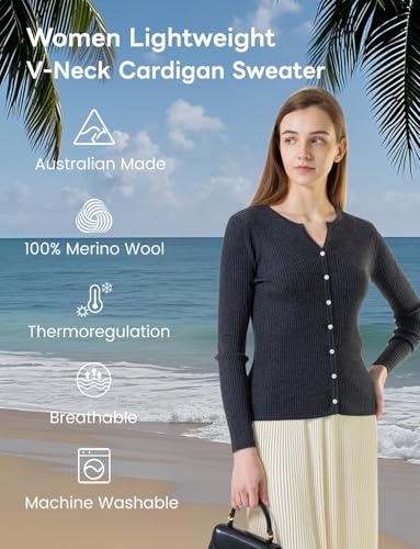 Women's 100% Merino Wool Sweater Women Cardigan, Lightweight Button Down V Neck Long Sleeve All Season Travel2