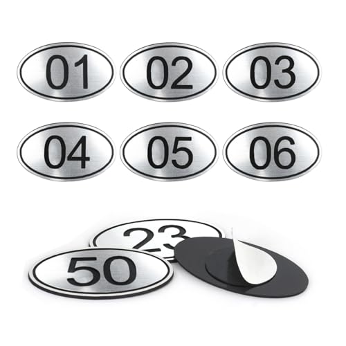 NanTun 200 juegos de números de mesa ovalados plateadas grabados Etiqueta del armario en ABS con cinta de doble cara, del 1 al 200