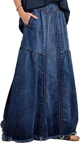 CHARTOU Women's Retro Elastic High Waist Frayed A-Line Maxi Denim Skirt with Pockets (Medium, Dark Blue)