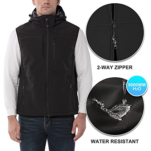 33,000ft Weste Herren Outdoor Wasserdichte Softshell Ärmellose Jacke Bodywarmer Fleece Weste mit Kapuze Full Zip Softshellweste Schwarz 2XL