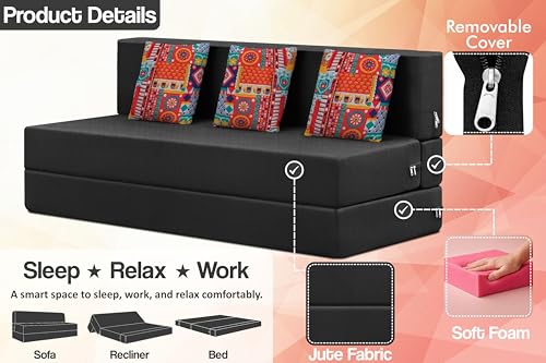 Image of Rosebell Three Seater Foldable Sofa Cum Bed (5x6 Feet) ? Jute Fabric, Washable Removable Cover, Includes Cushion | Space Saving Convertible Sofa Bed for Home, Office & Guests - Black