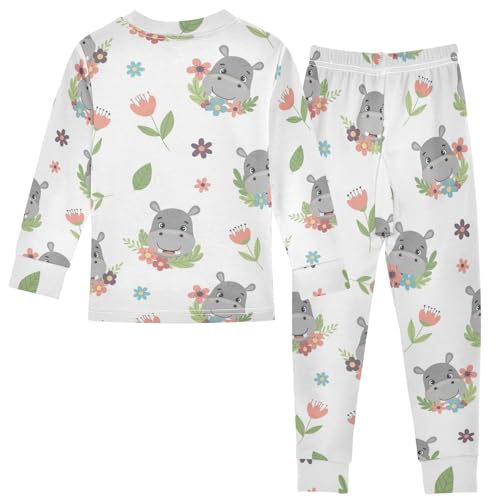 Pajama Sets Long Sleeve Cute Hippo Floral Pattern Soft Comfy Sleepwear 2 Piece PJS 3-8T3