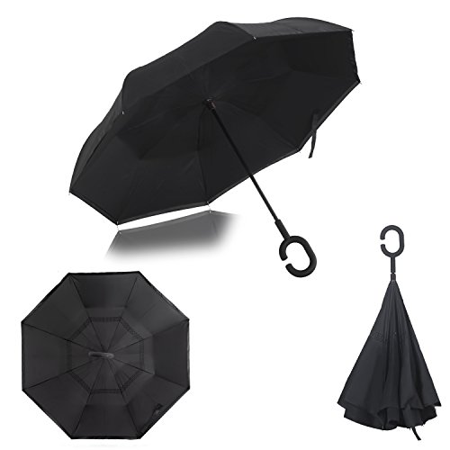 Strawberry Double Layer Wind/UV Proof Reverse Folding Inverted Travel Umbrella with C Shape Handle and Carrying Bag, Black