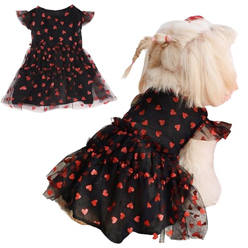 Yaopelky Pequeño Perro Vestidos Corazón Imprimir Perro Vestido de Halloween Cachorro Tul Vestido Doggie Tutu Falda Gato Outfit Holiday Pet Costume for Yorkie Teddy Chihuahua Clothes,Corazón Negro,XS