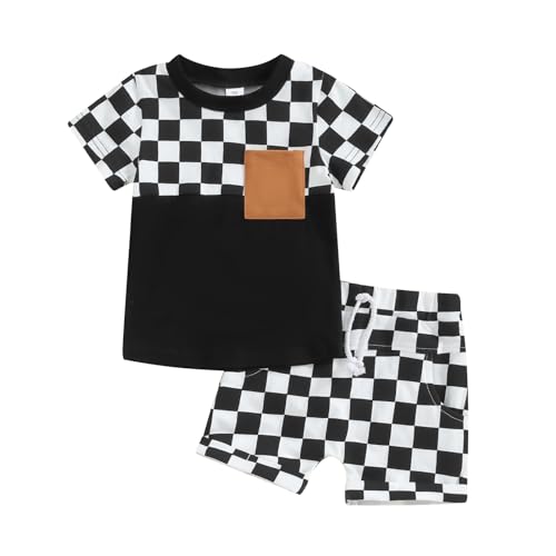 MAHUAOYIXI Baby Boy Outfits Casual Round Neck Short Sleeve T Shirts + Plaid Elastic Waist Shorts Sets Toddler Boys 2Pcs Toddler Summer Clothes (Black White, 12-18 Months)