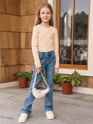 Image of Haloumoning Girls Long Sleeve Shirts Crewneck Ruched Side Slim Fit Tops Ribbed Knit Casual Tee Shirt 4-15 Years