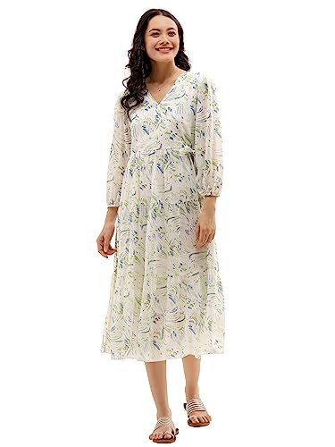 Image of AASK Abstract Printed Puff Sleeve Gathered Detailed Fit Flare Dress
