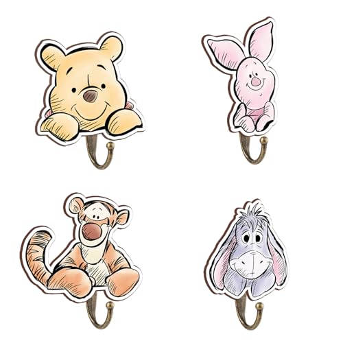 Image of ZsaTuiy Winnie Nursery Decor, 4Pcs Kids Pooh Wall Hooks Wooden Wall Hooks Wooden Hooks, Winnie Nursery Hook Cute Towel Hanger, The Pooh Home Decoration