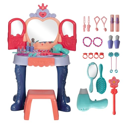 Vanity Set with Mirror and Stool, Toddler Makeup Table with Music, Light, Drawer, Hair Dryer, 20 Makeup Accessories, Girls Vanity for Ages 3 6, Multicolor