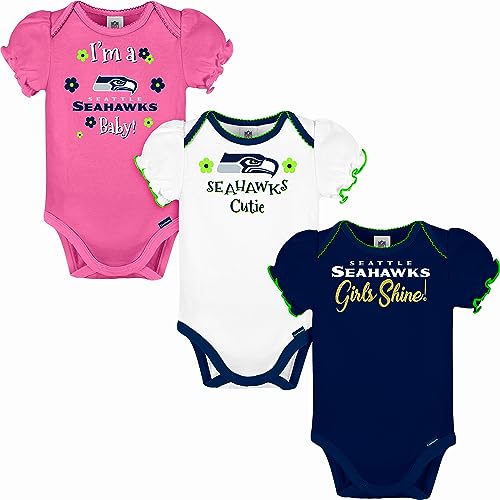 Gerber NFL Seattle Seahawks 3 Pack Ruffle Sleeve Team Bodysuit, blue/white/pink Seattle Seahawks, 0-3 Months