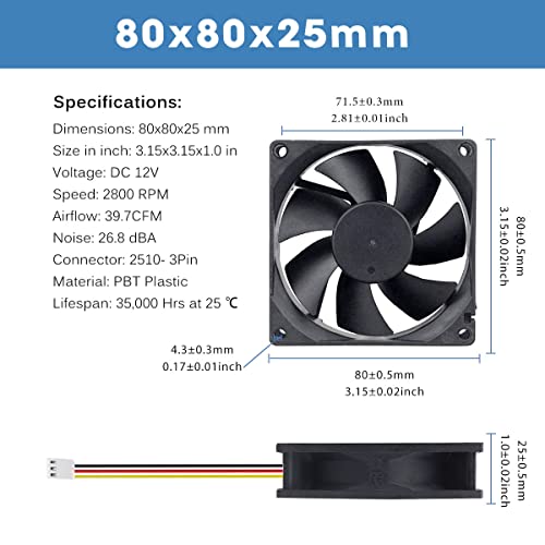GDSTIME 80mm 12V 3 Pin PC Fan 80mm CPU Computer Fan 80 x 25mm CPU Cooler 8CM 2800 RPM 8025 DC Brushless Cooling 12V Case Cooler For Router PSU Inverter Ventilation Replacement - Image 5