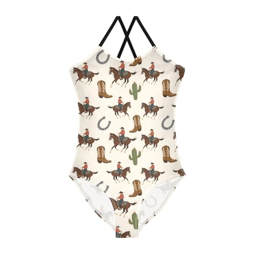 senya Girls Swimsuits One-Piece Swimwear Tie Bathing Suit Beach Summer Round Neck 7-8T Cactus Horse Rider Pattern