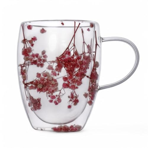 Kupa; 350 ml Çift Cidarlı Çiçekli, Isıya Dayanıklı Çift Katmanlı Cam Çay & Kahve Kupası | ve Ergonomik Tasarım