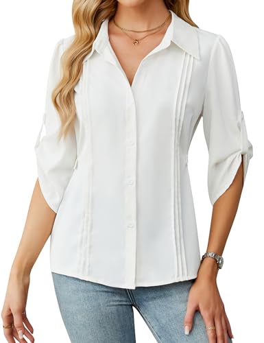 Blooming Jelly Womens Button Down Shirt 3/4 Sleeve Collared Pleated Business Casual Tops 2025 Ladies Trendy Summer Work Blouse (Medium, White)