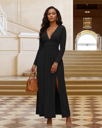Image of Womens Backless Dress Sexy Halter Deep V Neck Maxi Dresses Sleeveless Long Cocktail Dress with Slit